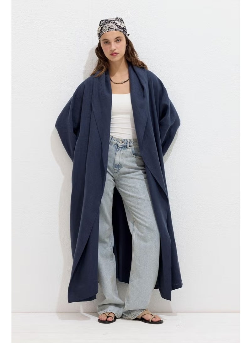 Manuka Hooded Linen Trench Coat Navy Blue - Image 3